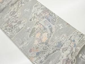 プラチナ箔九百錦松竹梅に鶴・花々・流水模様織出し袋帯